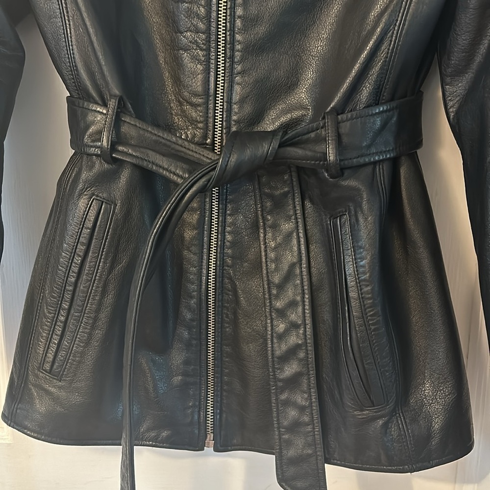 Women’s Winlit New York Black Genuine Leather Belted Jacket Coat Size Small - Picture 4 of 9